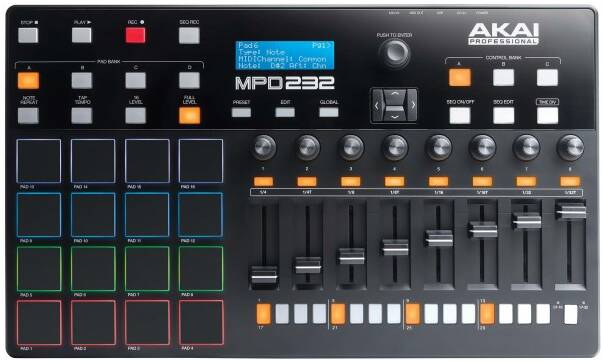 AKAI PRO MPD232 MIDI/USB-контроллер, 16 пэдов с цветной подсветкой, 8 фейдеров, 8 ручек