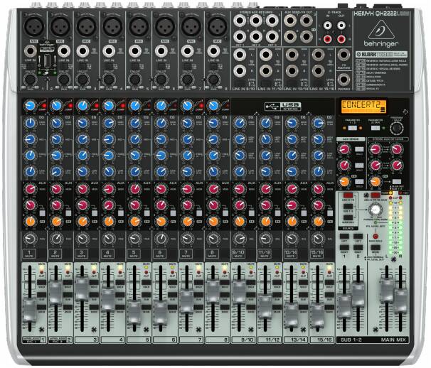 BEHRINGER QX2222USB микшер 8 микр. вх.,4 лин. стерео пары, 60мм фейдеры, проц. эффектов